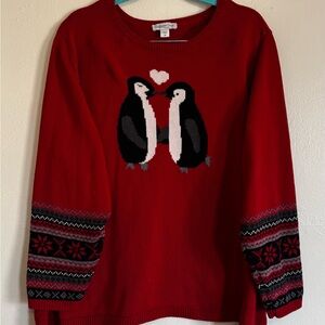 Coldwater Creek Red Crewneck Sweater with Penguin Motif
